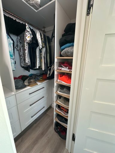 A narrow closet with hanging clothes and organized shelves of folded garments.
