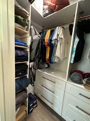 A well-organized closet with shelves of folded clothes and hanging bags.